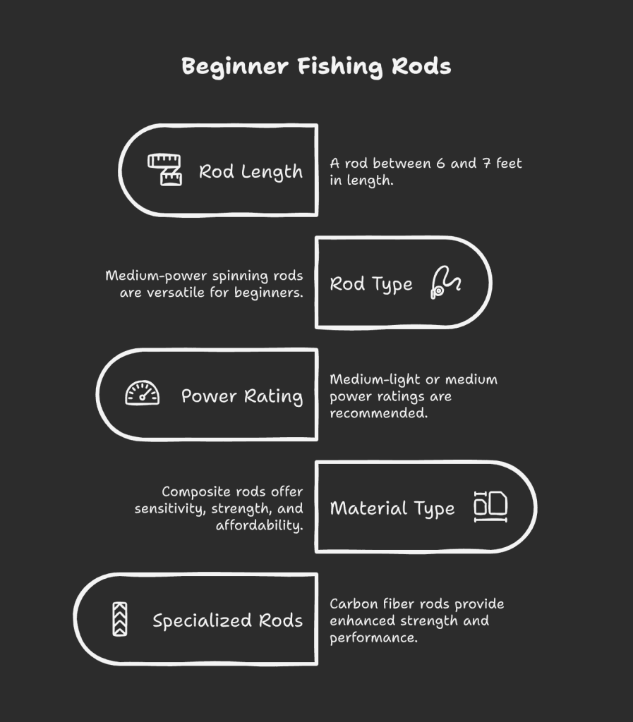 Fishing Rods for Beginners guide: 6-7 foot medium-power spinning rods, composite or carbon fiber materials, medium-light to medium power ratings.