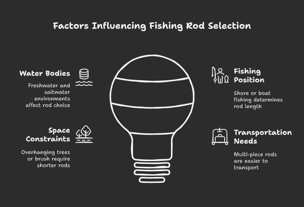 Fishing rod selection factors: freshwater vs. saltwater, shore vs. boat fishing, and transport-friendly multi-piece rods.