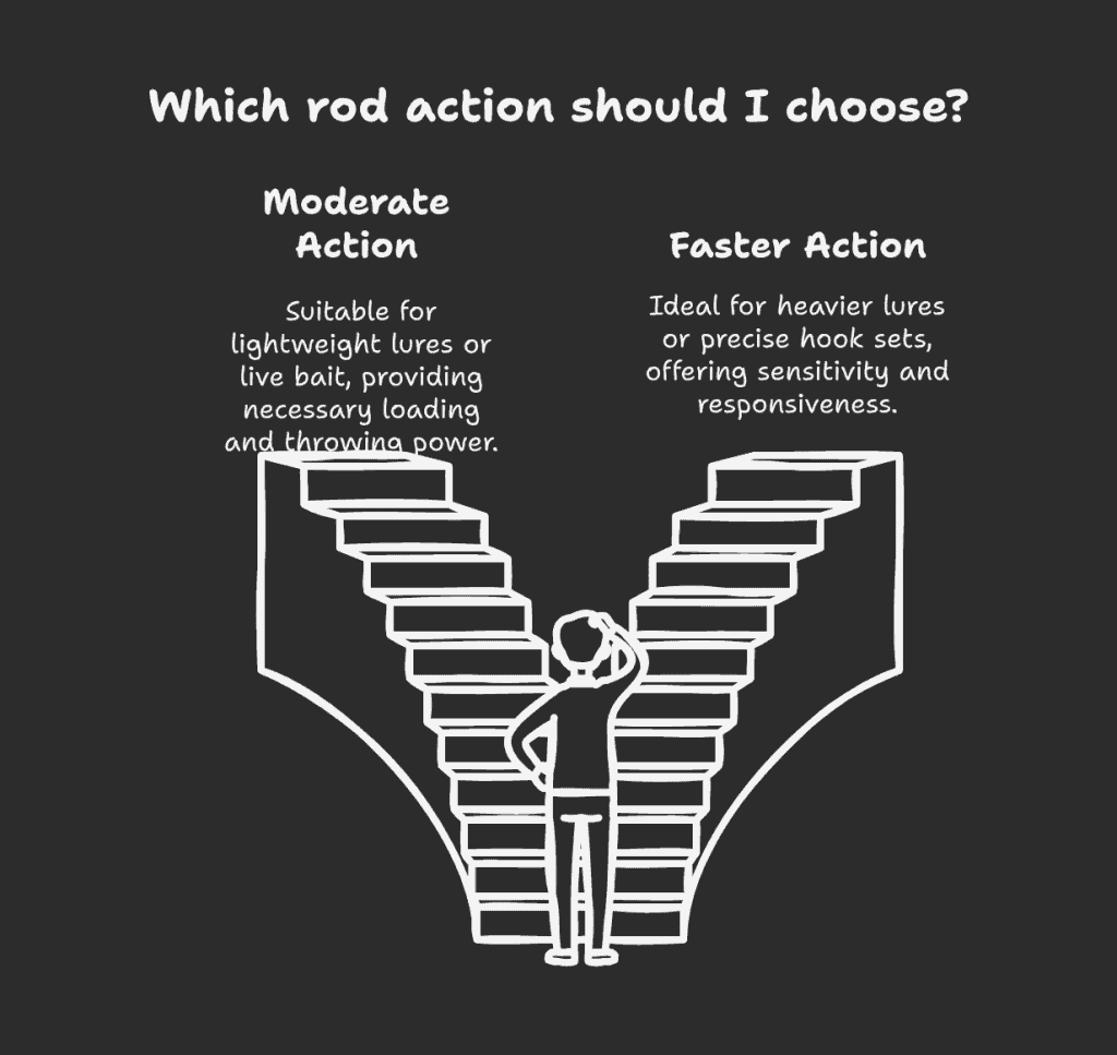 Rod action techniques: moderate action for lightweight lures/live bait, faster action for heavy lures and responsive hook sets.
